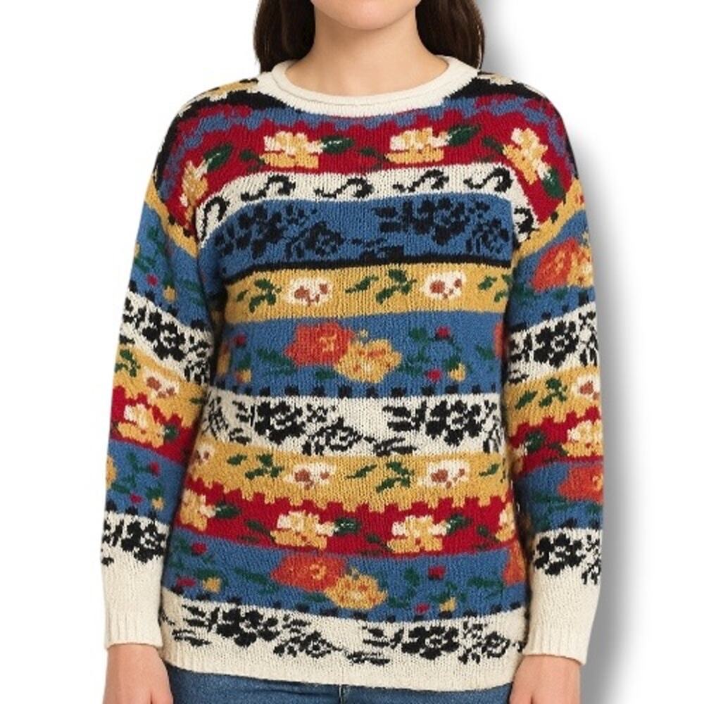 Vintage 90s Forenza Floral Stripe Knit Sweater Blue Red Oatmeal Small Eclectic